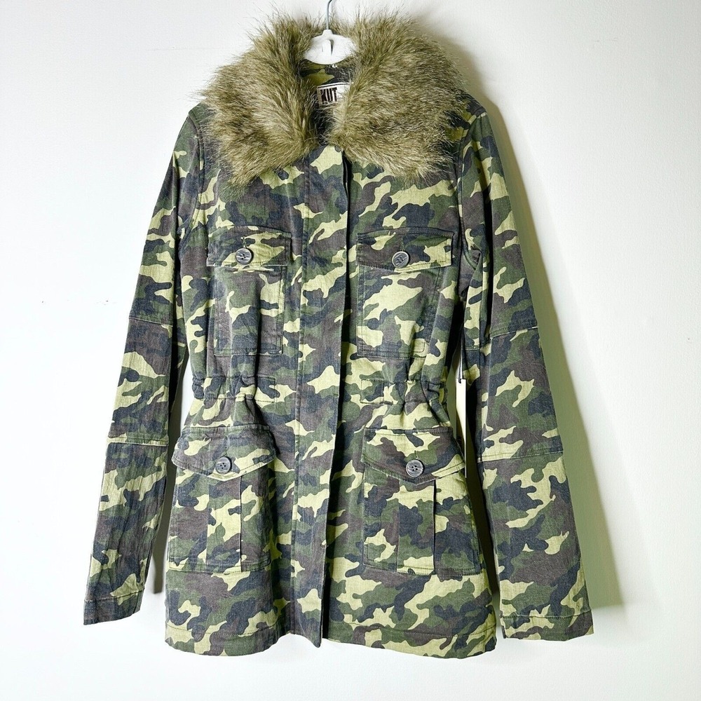 KUT Jacket Women S Green Camo Utility Faux Fur Lined Anorak Field Coat NWT